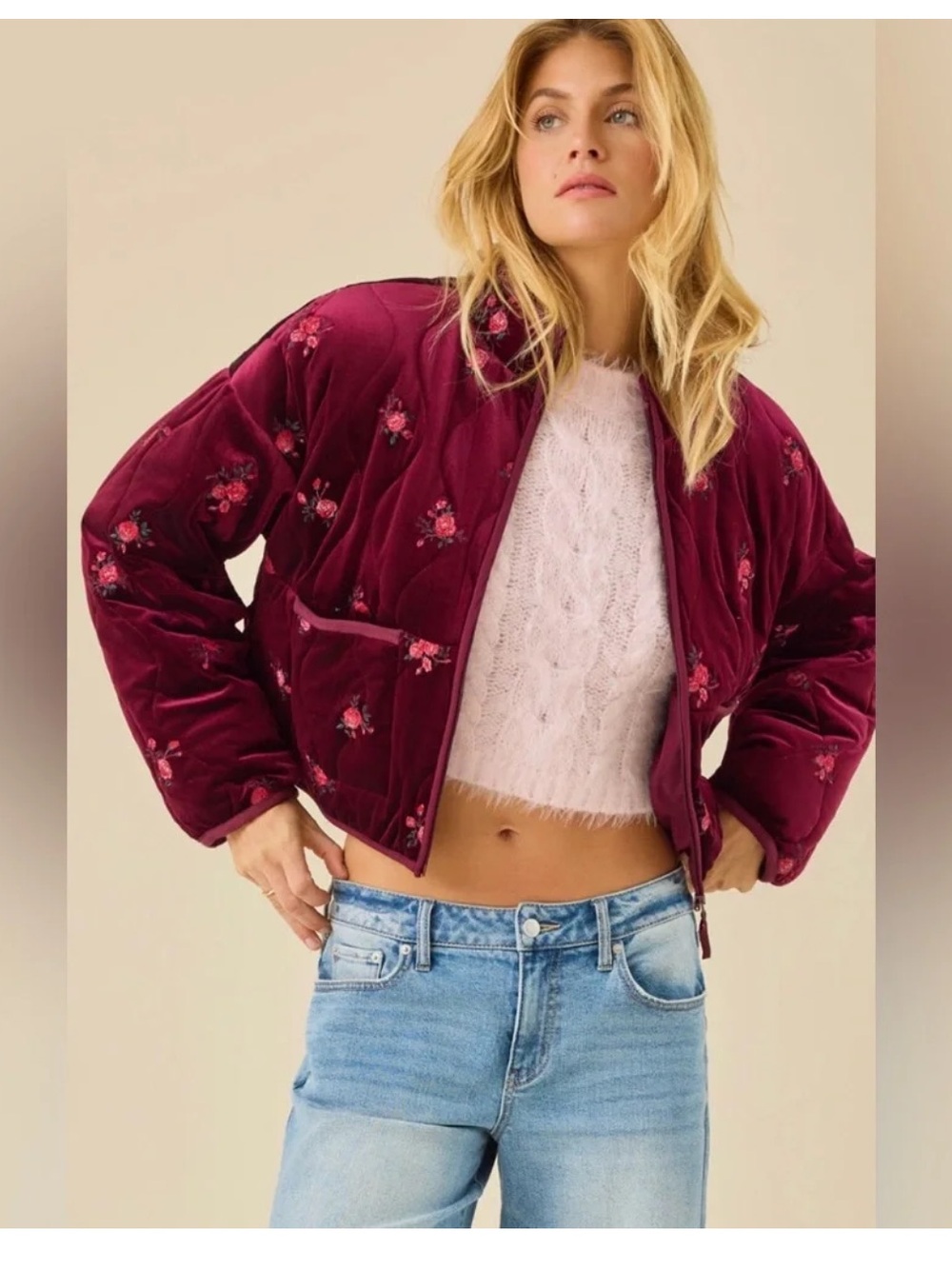 Altar'd State Wine Quilted Velvet Floral Bomber Jacket Sz XS NWOT